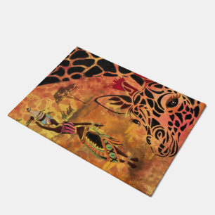 African Girl and Giraffe - Friends - Art Drawing - Doormat
