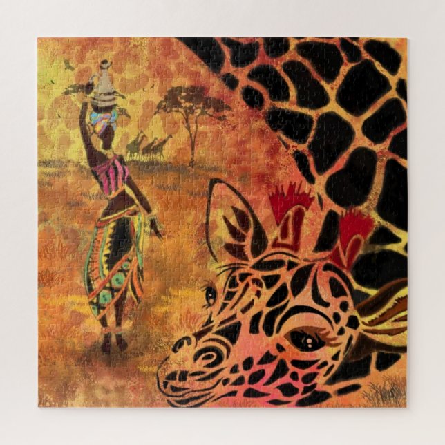 African Girl and Giraffe - Friends - Art Drawing Jigsaw Puzzle (Vertical)