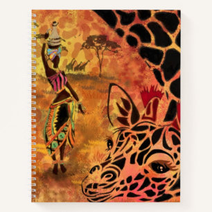African Girl and Giraffe - Friends - Art Drawing - Notebook