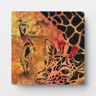 African Girl and Giraffe - Friends - Art Drawing Plaque