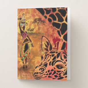 African Girl and Giraffe - Friends - Art Drawing - Pocket Folder