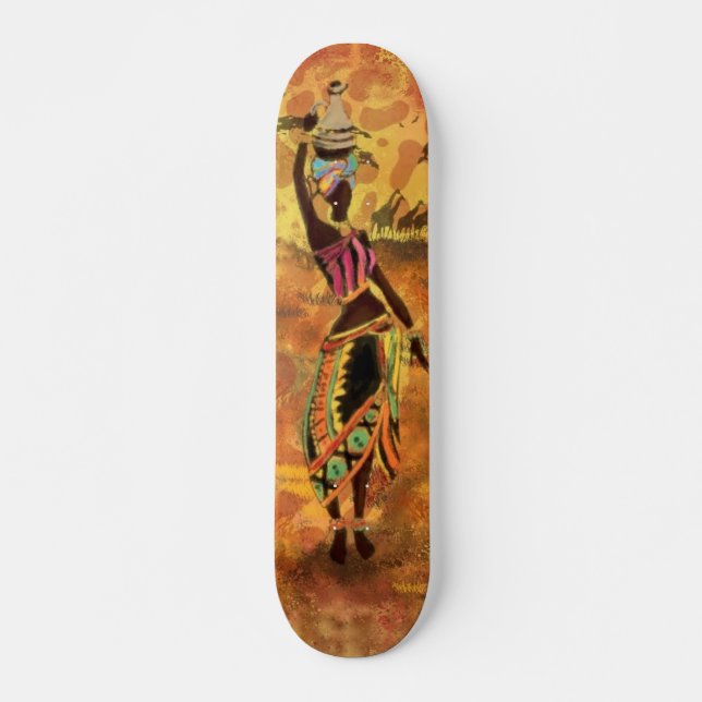 African Girl and Giraffe - Friends - Art Drawing - Skateboard (Front)