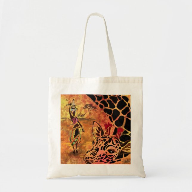 African Girl and Giraffe - Friends - Art Drawing - Tote Bag (Front)