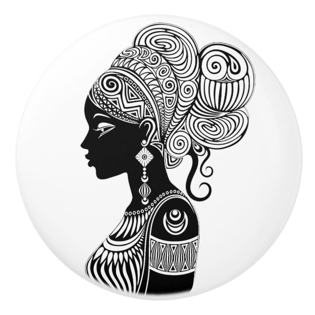 African Girl Portrait Tribal Tattoo Ceramic Knob (Front)