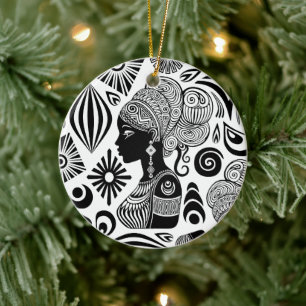 African Girl Portrait Tribal Tattoo Ceramic Ornament