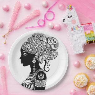 African Girl Portrait Tribal Tattoo Paper Plate