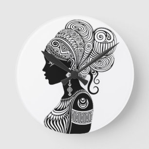 African Girl Portrait Tribal Tattoo Round Clock