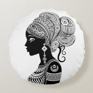 African Girl Portrait Tribal Tattoo Round Cushion