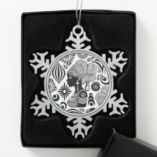 African Girl Portrait Tribal Tattoo Snowflake Pewter Christmas Ornament