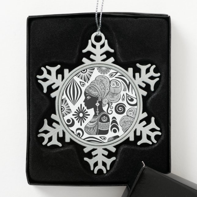 African Girl Portrait Tribal Tattoo Snowflake Pewter Christmas Ornament (Box)