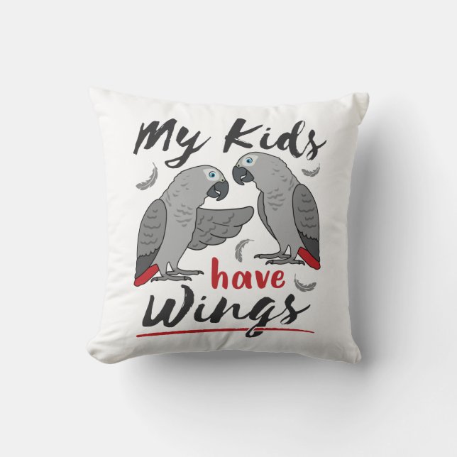 African Grey Mum Dad My Kids Have Wings Cushion (Front)