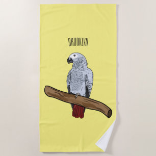 African grey parrot cartoon illustration beach towel
