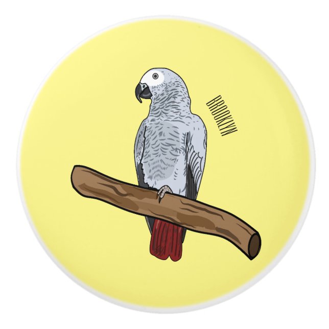 African grey parrot cartoon illustration  ceramic knob (Front)