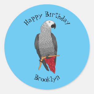 African grey parrot cartoon illustration classic round sticker
