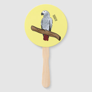 African grey parrot cartoon illustration hand fan