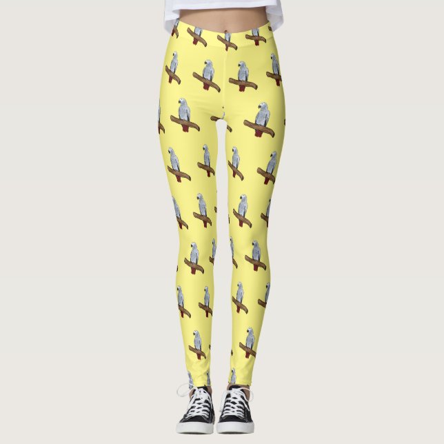 African grey parrot cartoon illustration  leggings (Front)