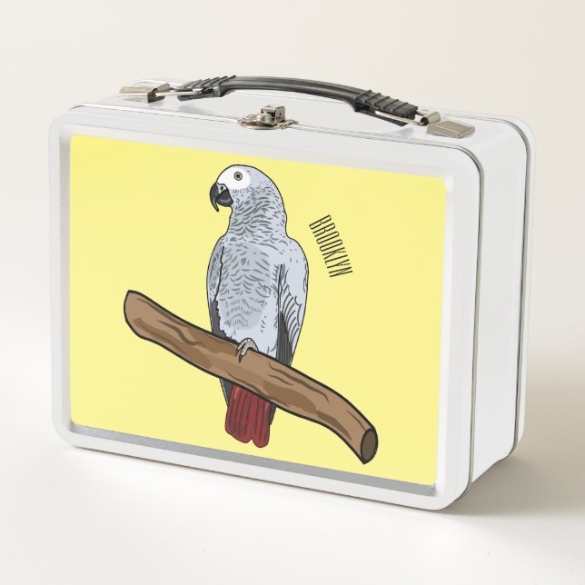 African grey parrot cartoon illustration  metal lunch box (Front)