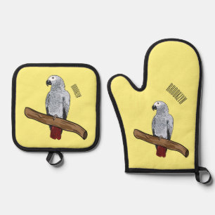 African grey parrot cartoon illustration oven mitt & pot holder set