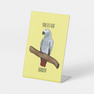 African grey parrot cartoon illustration pedestal sign