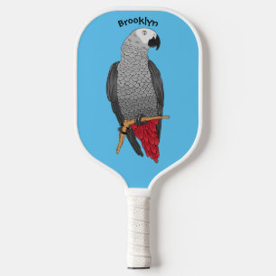 African grey parrot cartoon illustration pickleball paddle
