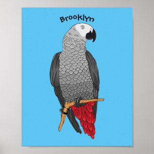 African grey parrot cartoon illustration poster