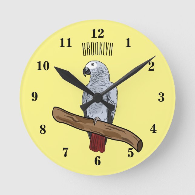 African grey parrot cartoon illustration round clock (Front)