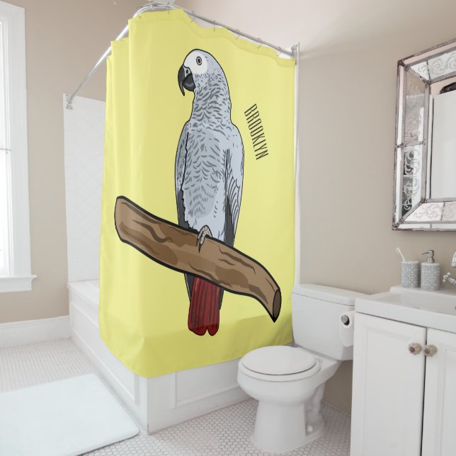 African grey parrot cartoon illustration  shower curtain (In Situ)