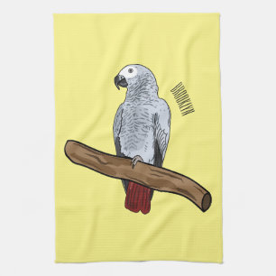 African grey parrot cartoon illustration tea towel