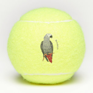 African grey parrot cartoon illustration tennis balls