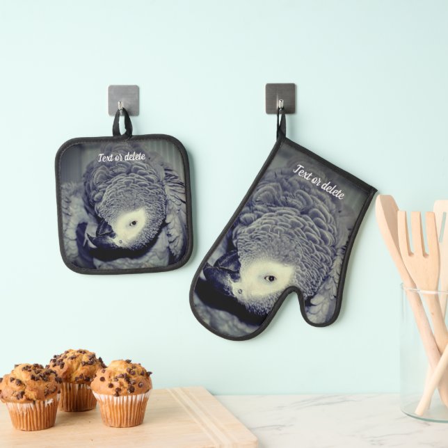 African Grey Parrot Cute Bird Personalised Oven Mitt & Pot Holder Set (Insitu(Hanging))