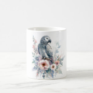 African Grey Parrot Floral Watercolor Coffee Mug