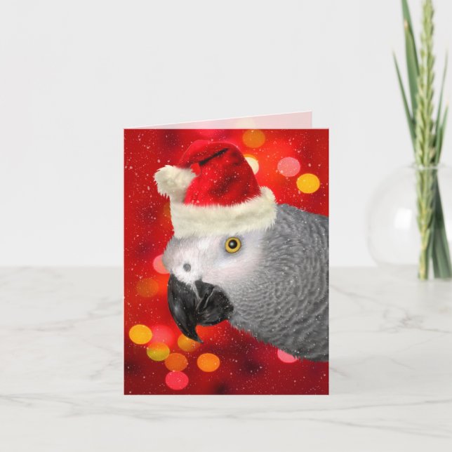 African Grey Parrot in a Santa Hat Blank Holiday Card (Front)