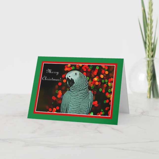 African Grey Parrot Painting with Christmas Tree Holiday Card (Front)