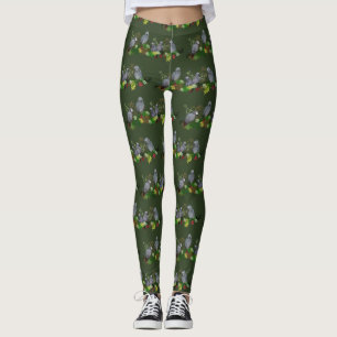 African Grey Parrot Party Leggings (Dark Green)