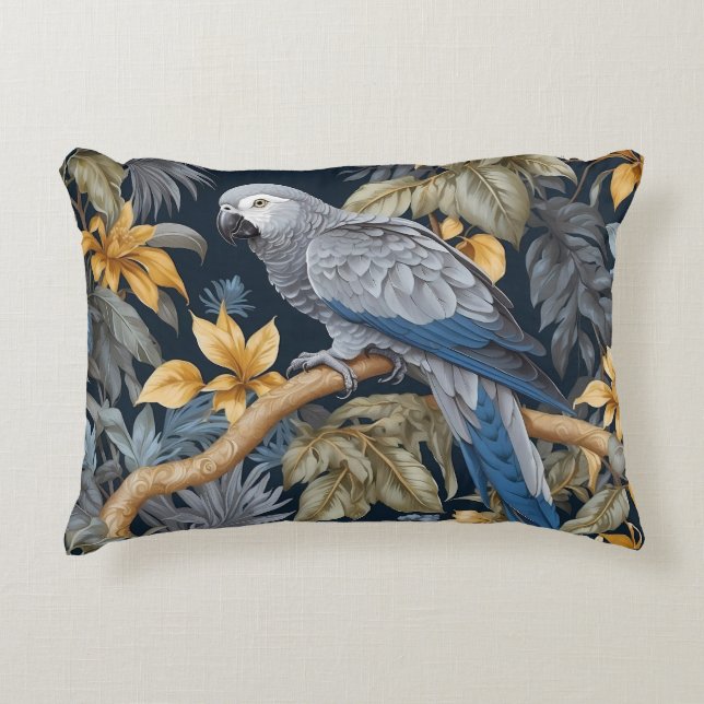 African Grey Parrot Tropical Leaves Decorative Cushion (Front)