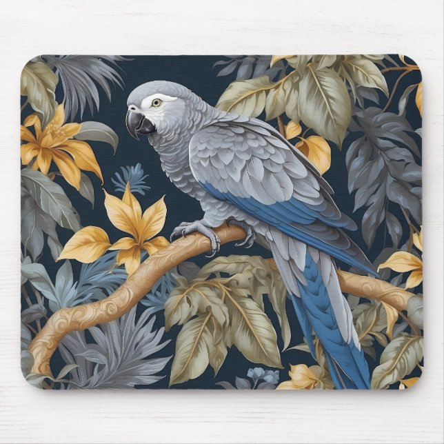 African Grey Parrot Tropical Leaves Mouse Pad (Front)