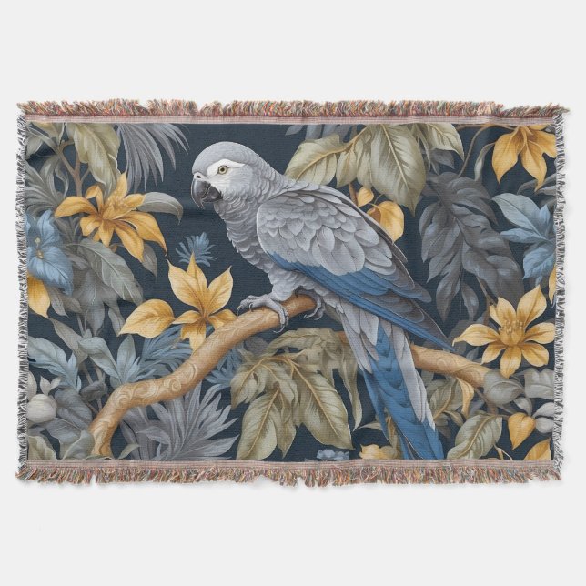 African Grey Parrot Tropical Leaves Throw Blanket (Front)