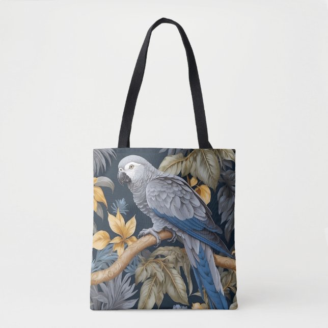 African Grey Parrot Tropical Leaves Tote Bag (Front)
