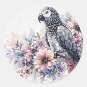 African Grey Parrot Wildflower Portrait Art Classic Round Sticker