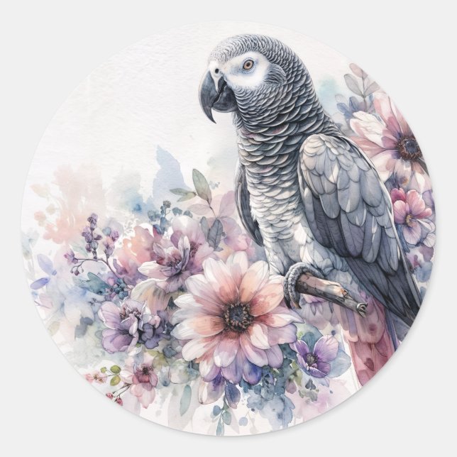 African Grey Parrot Wildflower Portrait Art Classic Round Sticker (Front)
