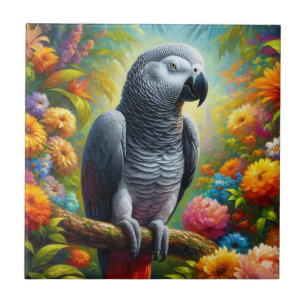 African Grey Parrot with Colourful Flowers Ceramic Tile