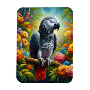 African Grey Parrot with Colourful Flowers Flexibl Magnet