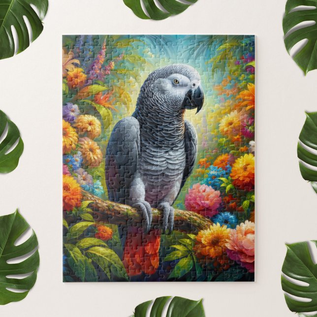 African Grey Parrot with Colourful Flowers Jigsaw Puzzle (Creator Uploaded)
