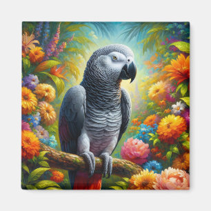 African Grey Parrot with Colourful Flowers Magnet