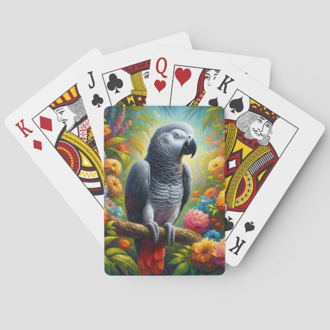 African Grey Parrot with Colourful Flowers Playing Cards (Back)
