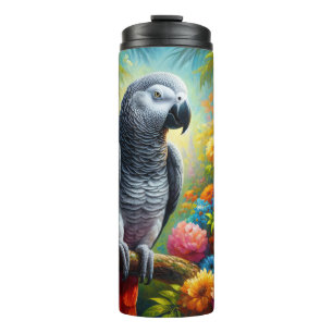 African Grey Parrot with Colourful Flowers Thermal Tumbler