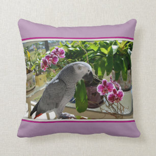 African Grey Parrot with Orchids Cushion