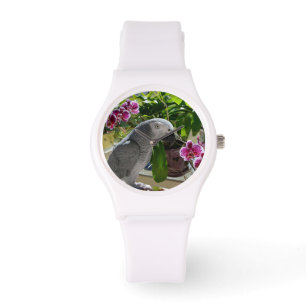 African Grey Parrot with Orchids Watch