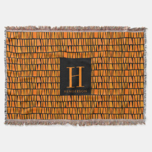 African Inspired Orange Domino Pattern Monogram Throw Blanket