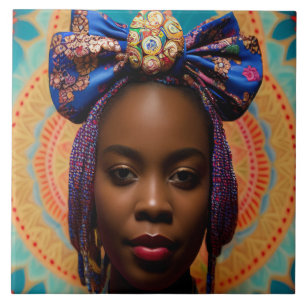 African lady with big bow and medallion ceramic tile